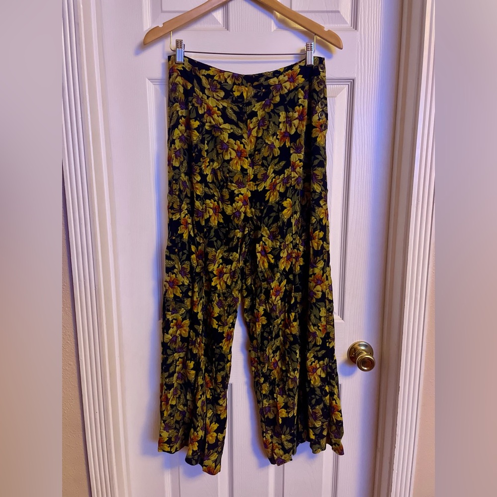 Free People Wide Leg Floral Pants - Black with Yellow & Green Floral Print